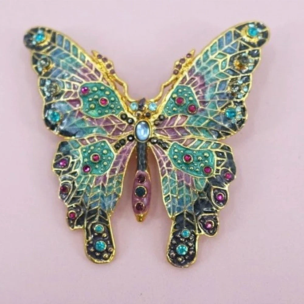 VTG Large Butterfly Brooch Statement Teal Pink Enamel Gold Tone Fairy 3